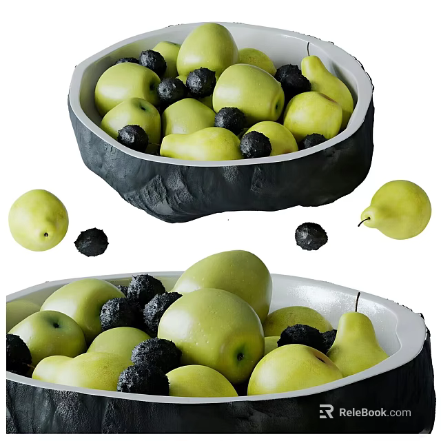 Decorative Bowl Filled With Green Apples Pears And Black Berries 3d model 