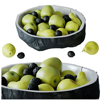 Decorative Bowl Filled With Green Apples Pears And Black Berries 3d model