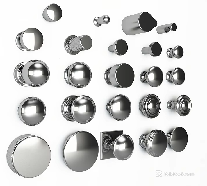 Silver Metal Handles for Home Furniture with Various Round and Flat Designs 3d model 