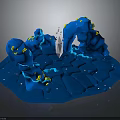 Blue Rock Terrain Scene With White Spire Glowing Blue Streaks And Yellow Accents
