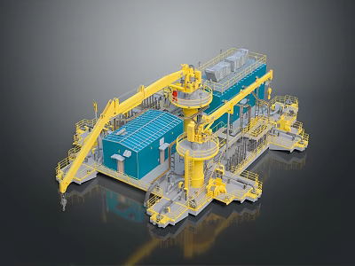 Industrial Building With Yellow Mechanical Arms Blue Main Structure And Platform Machinery Design 3d model