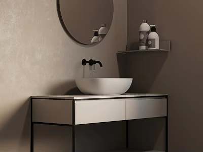 Round Mirror In Modern Bathroom With Sink Vanity Shelf And Toiletries 3d model