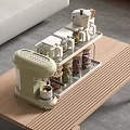 Kitchen Green Coffee Machine With Multi Layer Rack White Cups Jars On Light Wooden Tabletop 3d model