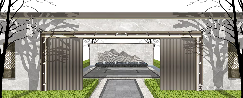 Scenic Feature Wall Design With Mountain Pattern Water Wave Elements Greenery And Stone Pathway 3d model 