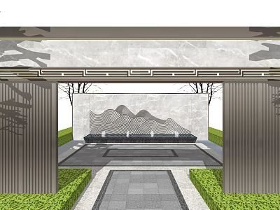 Scenic Feature Wall Design With Mountain Pattern Water Wave Elements Greenery And Stone Pathway 3d model