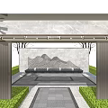 Scenic Feature Wall Design With Mountain Pattern Water Wave Elements Greenery And Stone Pathway