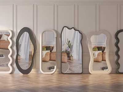 Various Shaped Decorative Mirrors Reflecting Living Room Interior With Wooden Floor And Paneled Walls 3d model