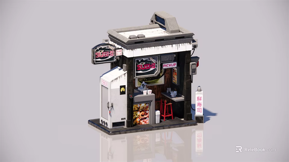 Small Street Side Japanese Restaurant With Red Stools And Bright Signboard 3d model 