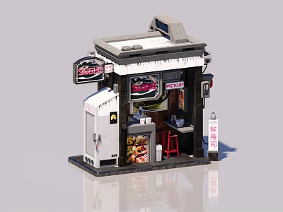 Small Street Side Japanese Restaurant With Red Stools And Bright Signboard 3d model
