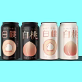 Canned White Peach Flavor Beverages in Black Pink and White on Light Blue Background