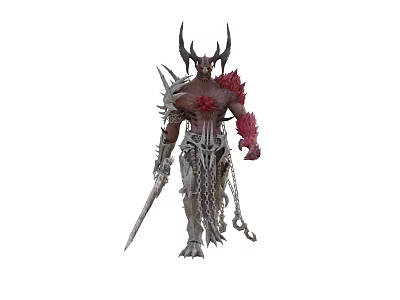 Man With Horns And Red Accents Holding Sword And Chains In Intricate Armor 3d model