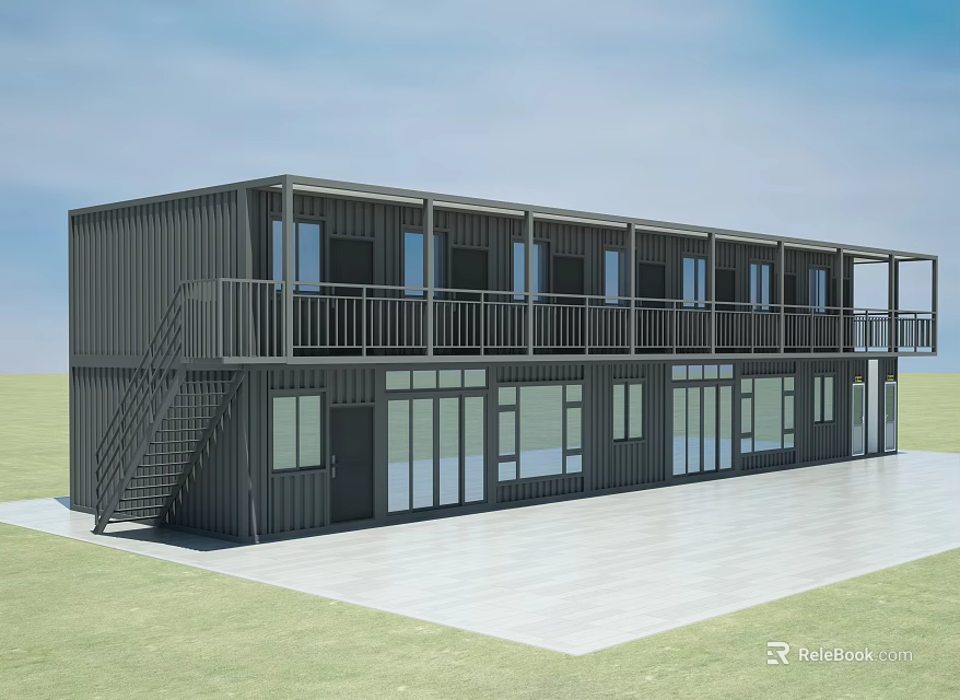Two Story Container Office Building With Balcony Stairs And Large Windows 3d model 