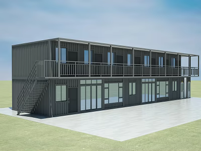 Two Story Container Office Building With Balcony Stairs And Large Windows 3d model
