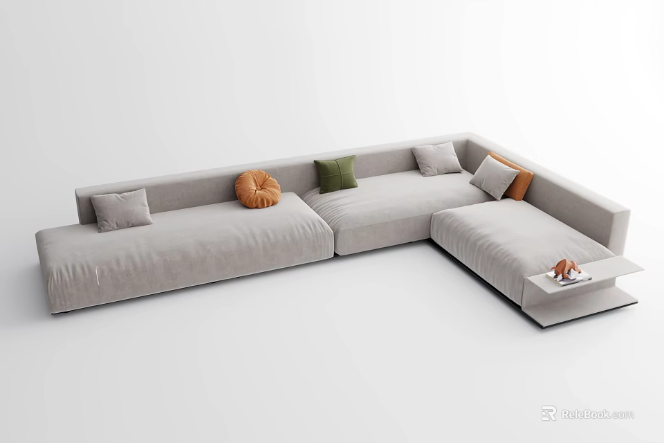 Light Gray Sectional Sofa With Colorful Cushions And Small Side Table 3d model