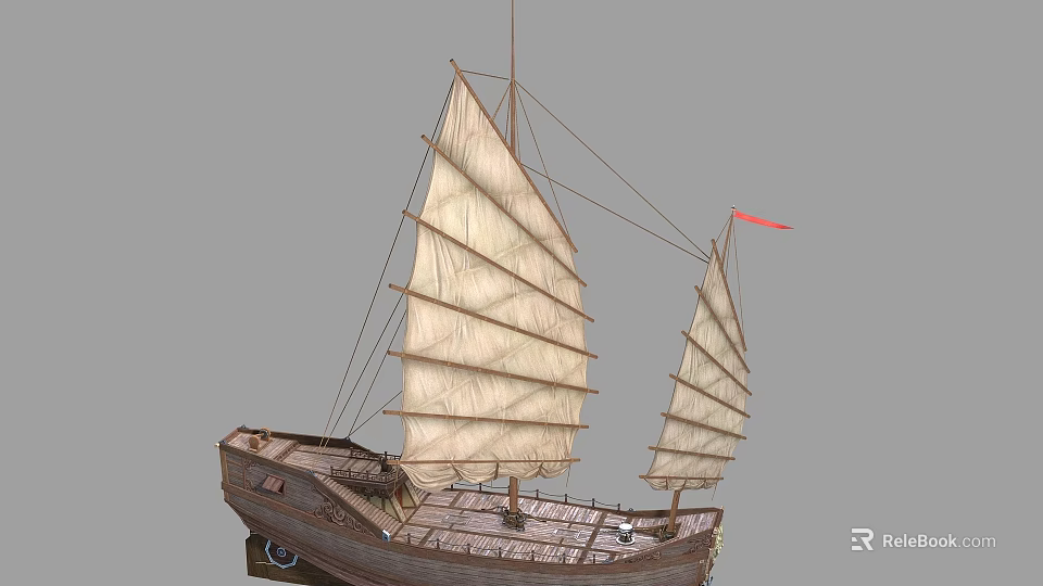 Traditional Wooden Boat with White Sails Two Masts and Red Flag Design 3d model 