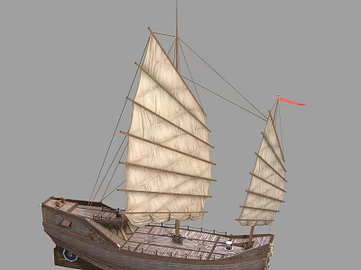 Traditional Wooden Boat with White Sails Two Masts and Red Flag Design 3d model