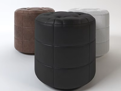 Round Tufted Ottoman in Brown Black White Colors with Stitched Details for Living Room Decor 3d model