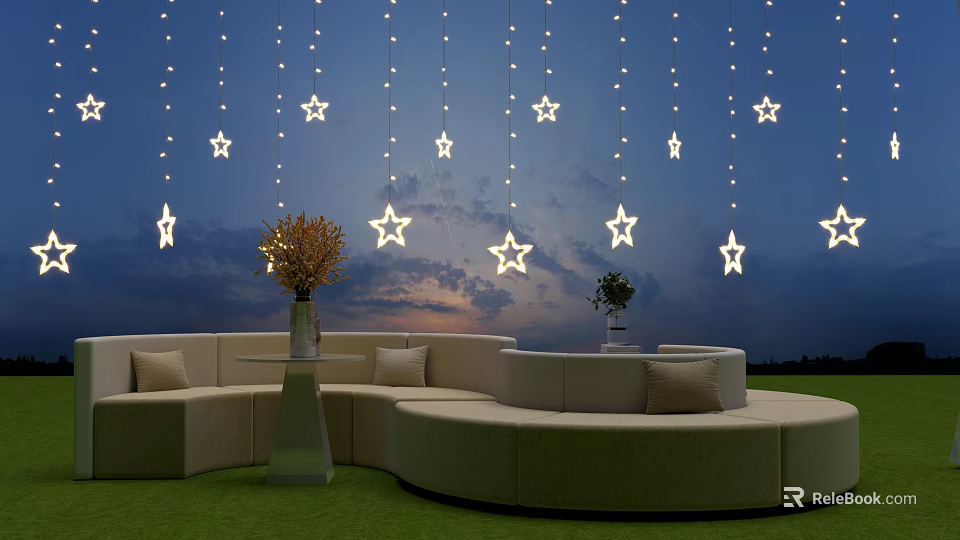 Curved Beige Sofa Coffee Table Set With Green Grass And Star Lights Night Sky Background 3d model 