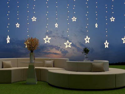 Curved Beige Sofa Coffee Table Set With Green Grass And Star Lights Night Sky Background 3d model