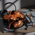 Juicy Roasted Chicken Legs On Plate With Gray Placemat Wooden Spoon And Cup On Table