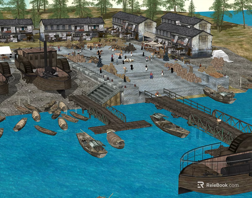 Traditional Ancient Architecture Waterfront Scene with Wooden Bridges Boats and People Gathering 3d model 