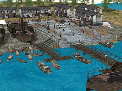 Traditional Ancient Architecture Waterfront Scene with Wooden Bridges Boats and People Gathering 3d model