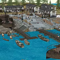Traditional Ancient Architecture Waterfront Scene with Wooden Bridges Boats and People Gathering