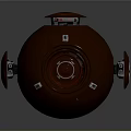 Metallic Spherical Mechanical Device Featuring Red Center Shiny Surface And Top Lid