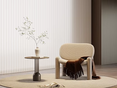Beige Leisure Chair With Brown Blanket On Round Rug Near Small Table And Vase 3d model