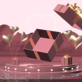 Pink Landscape Sculpture With Open Gift Box Golden Hearts Small Gift Boxes And Water Surface