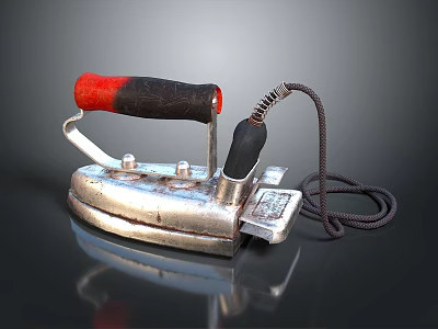 Vintage Silver Laptop With Red Black Handle And Power Cord On Black Reflective Surface 3d model