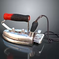 Vintage Silver Laptop With Red Black Handle And Power Cord On Black Reflective Surface