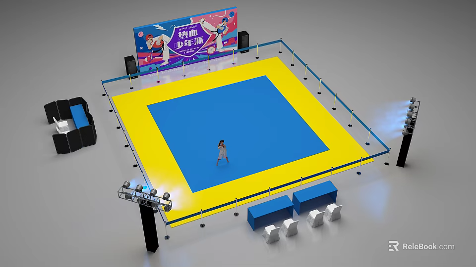 Boxing Ring With Blue And Yellow Mat Person Standing Surrounded By Lights And Billboard 3d model 