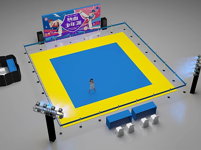 Boxing Ring With Blue And Yellow Mat Person Standing Surrounded By Lights And Billboard 3d model