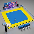 Boxing Ring With Blue And Yellow Mat Person Standing Surrounded By Lights And Billboard