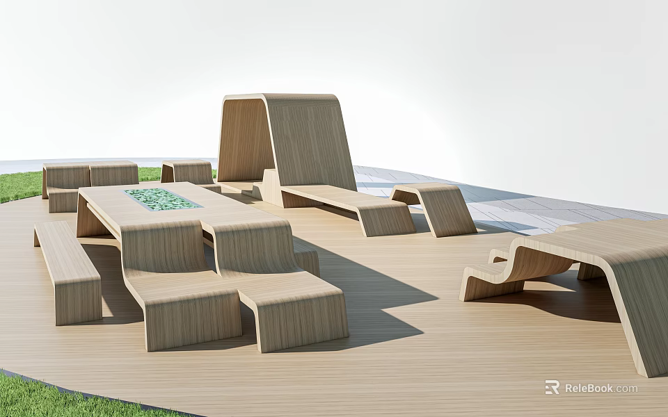 Park Landscape With Wooden Outdoor Furniture Deck Seating And Grass Area 3d model 