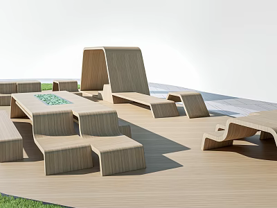 Park Landscape With Wooden Outdoor Furniture Deck Seating And Grass Area 3d model