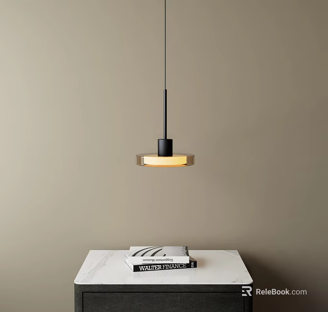Modern Black Round Pendant Light With Warm Glow Over White Table And Beige Wall 3d model 