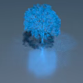 Scenic Blue Wireframe Tree Landscape with Line Structure and Reflection on Dark Background