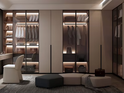 Modern Luxury Walk in Closet Interior With Glass Doors Hanging Rods And Ambient Lighting 3d model