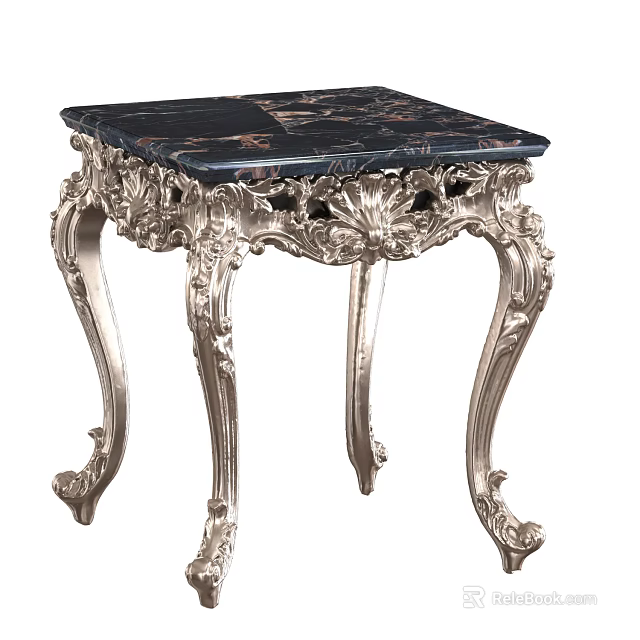 Elegant Black Marble Top Silver Ornate Carved Legs Decorative Side Table 3d model 