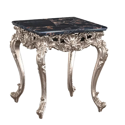 Elegant Black Marble Top Silver Ornate Carved Legs Decorative Side Table 3d model