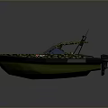 Camouflage Patterned Boat Design With Blue Cockpit Antennas And Green Hull