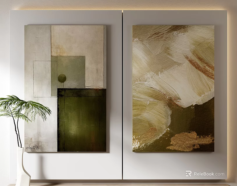 Modern Abstract Paintings with Green Beige and Gold Tones Minimalist Interior Wall Decor 3d model 