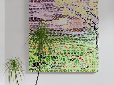 Colorful Mosaic Artwork on White Wall with Vibrant Patterns and Palm Plants 3d model