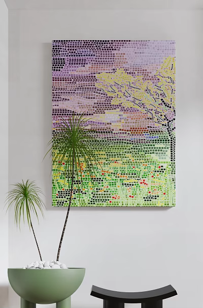 Colorful Mosaic Artwork on White Wall with Vibrant Patterns and Palm Plants 3d model