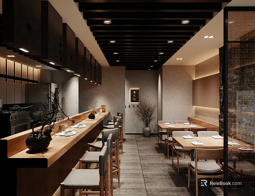 Japanese Restaurant Interior With Wooden Counter Tables Chairs And Soft Lighting Decor 3d model 