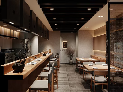 Japanese Restaurant Interior With Wooden Counter Tables Chairs And Soft Lighting Decor 3d model