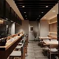 Japanese Restaurant Interior With Wooden Counter Tables Chairs And Soft Lighting Decor