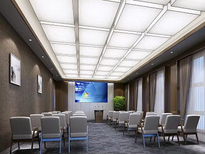 Spacious Conference Room With Rows Of Chairs Projector Screen And Modern Lighting 3d model